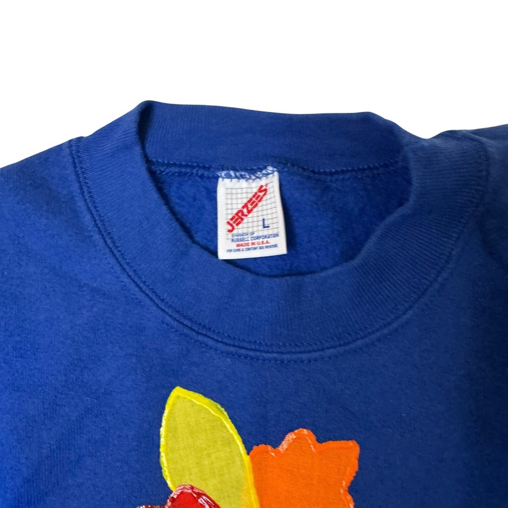 Vintage Thanksgiving Applique Sweatshirt Blue Womens Large USA Made 90s Jerzees - Picture 6 of 7